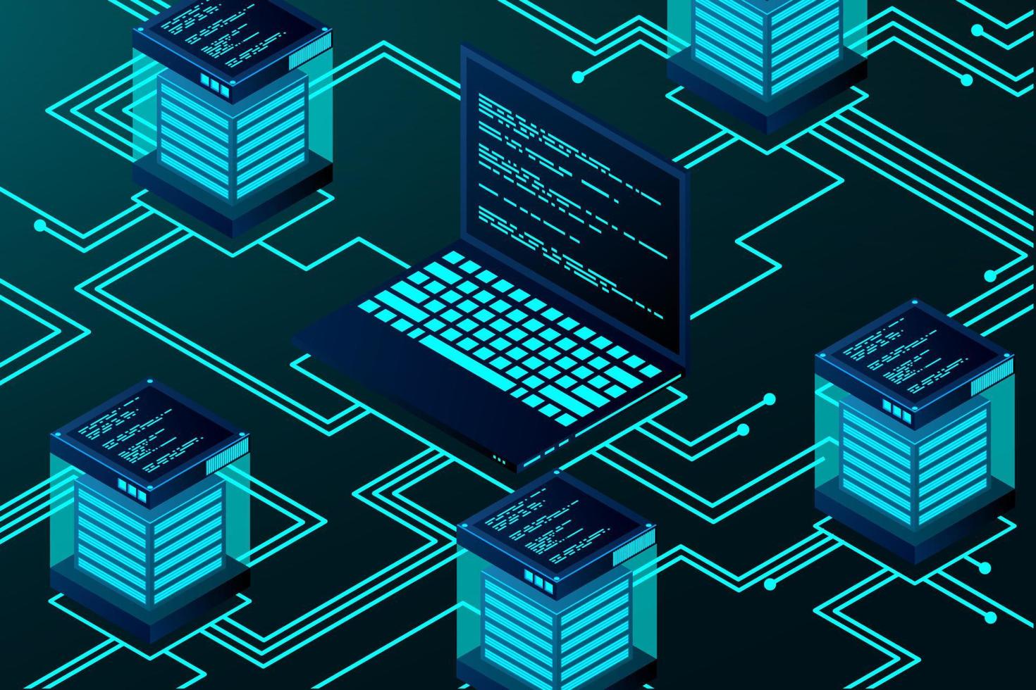 Isometric blockchain technology landing page. Cryptocurrency and blockchain isometric composition. Bitcoin trading. Global cryptocurrency blockchain data transfer concept. vector