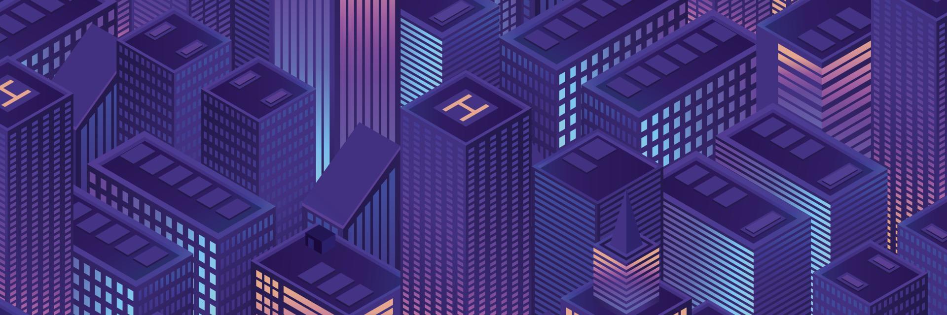 Ilustración de vector de ciudad futurista isométrica. megalópolis urbana isométrica vista superior de la ciudad y arquitectura elementos 3d diferentes edificios