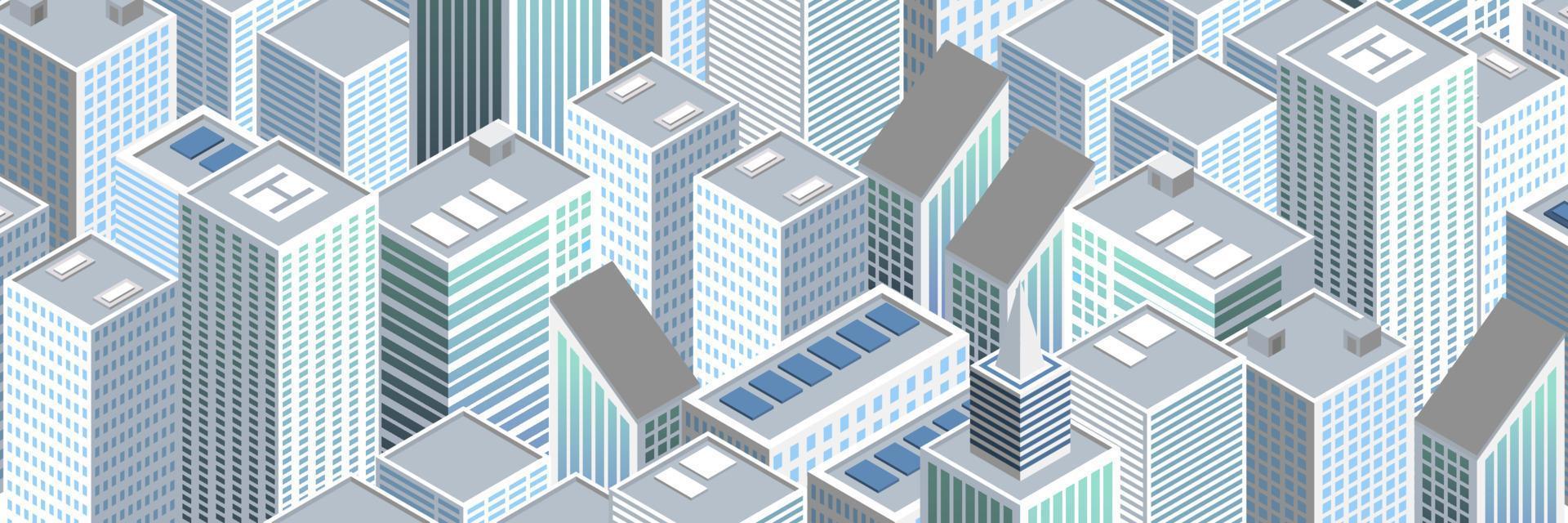 Isometric futuristic city vector illustration. Isometric urban megalopolis top view of the city and architecture 3d elements different buildings