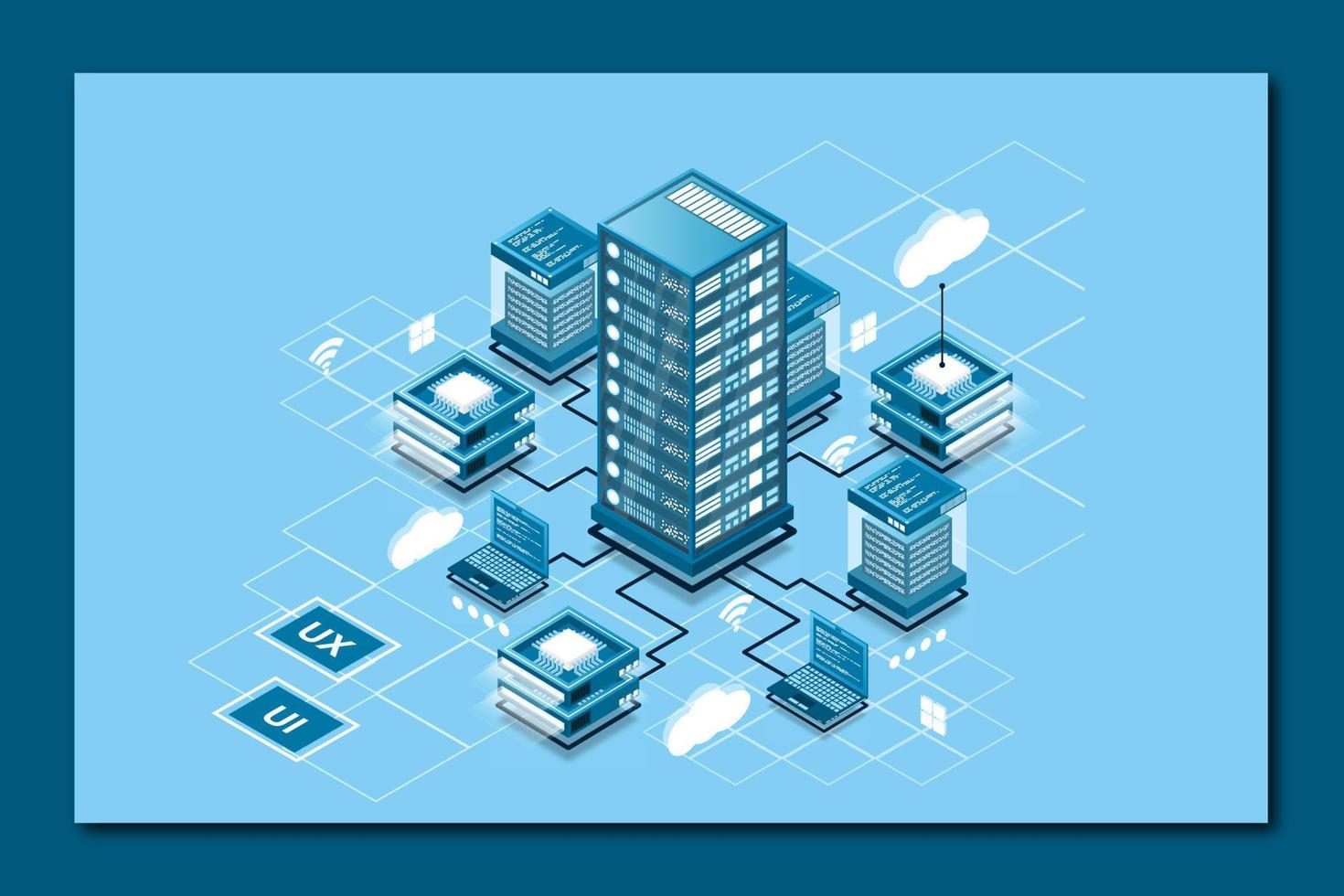 Concept of data network management . Vector isometric map with business networking servers computers and devices. Cloud storage data and synchronization of devices. Vector illustration
