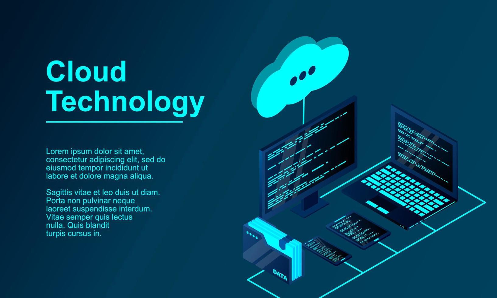 Vector 3d isometric illustration network with computer, laptop, tablet, and smartphone. Cloud storage 3d isometric technology concept. Isometric cloud technology with cloud. Modern cloud technologies.