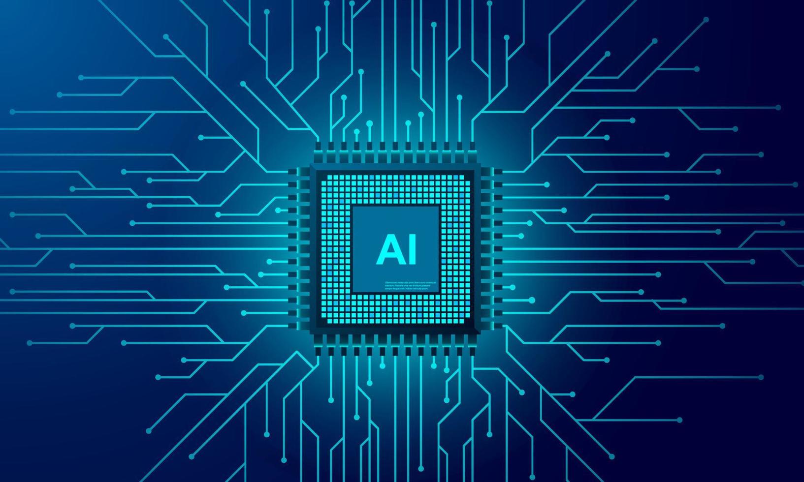 Artificial intelligence web banner. 3D isometric illustration of a processor chip. The process of data processing. Developments in modern technologies. Microcircuits on neon glowing background vector