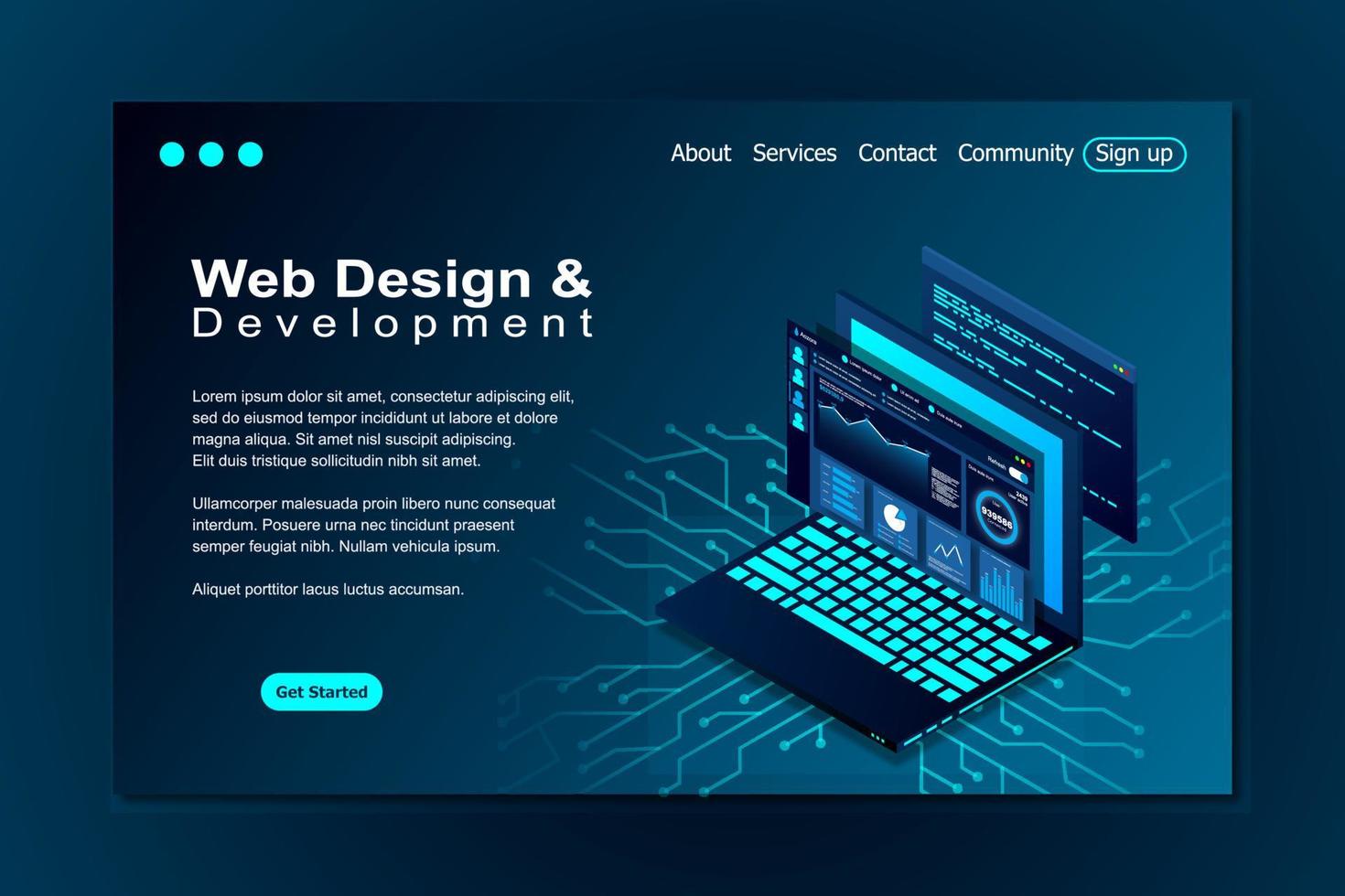 Web design and development vector isometric illustrations. web design development concept programming language program code big data processing on laptop screen. Vector illustration