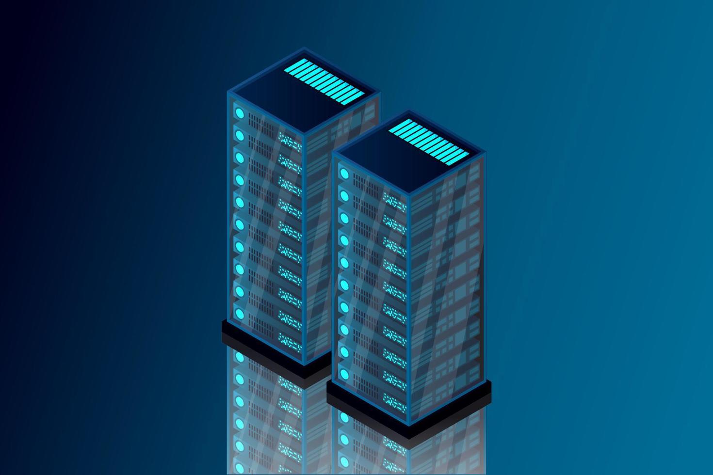 sala de servidores isométrica. tecnología futurista de protección y procesamiento de datos. mainframe, servidor alimentado, concepto de alta tecnología, centro de datos. ilustración vectorial vector