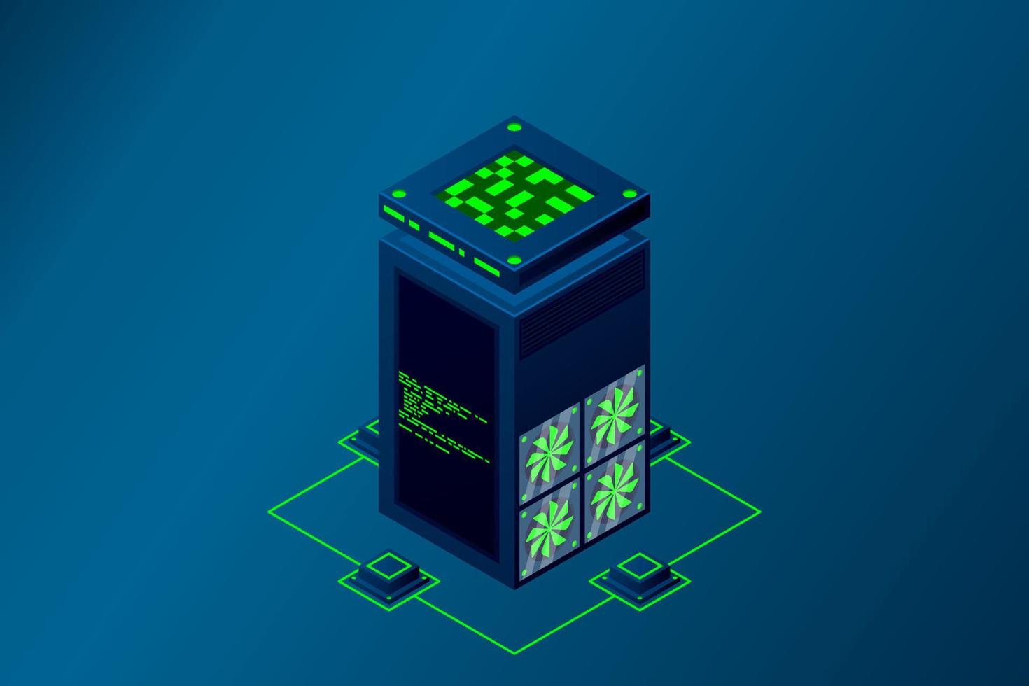 Data center with server racks isometric. Internet network equipment, smart technology, cloud database sign, computer technology vector illustration.