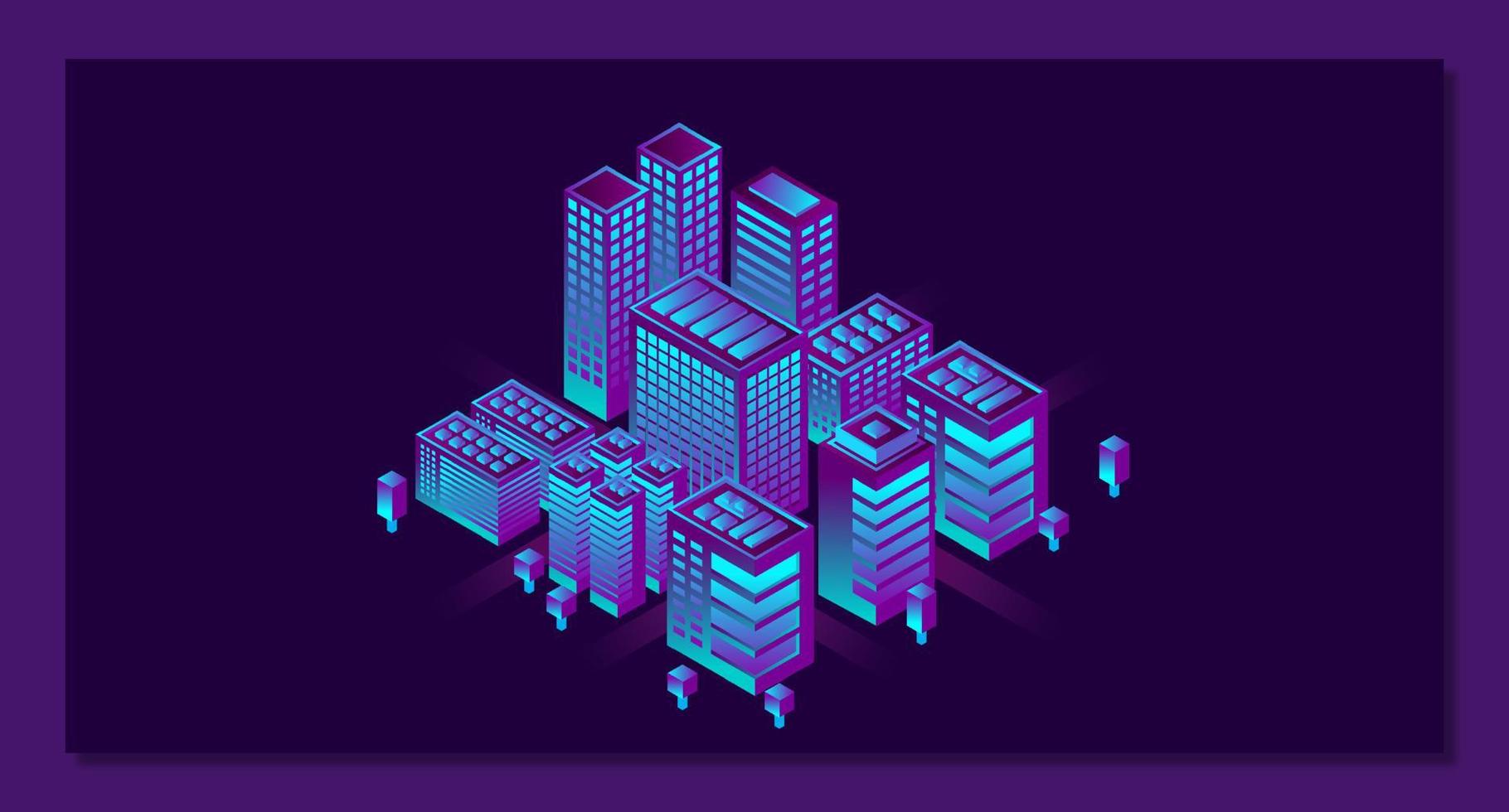 Smart city in a futuristic style. Isometric smart city illustration. Intelligent buildings. Business center with skyscrapers and intelligent buildings vector