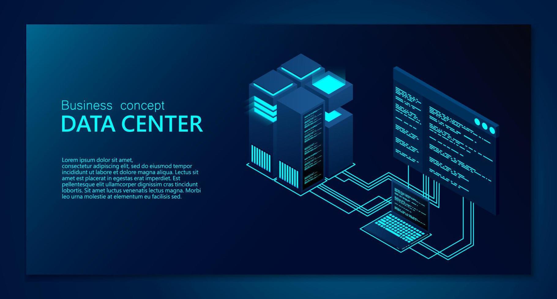 concepto de centro de procesamiento de datos grandes. centro de datos isométrico. Diseño vectorial de servidores isométricos. centro de datos. servidor de alojamiento o concepto de sala de centro de datos. ilustración vectorial vector