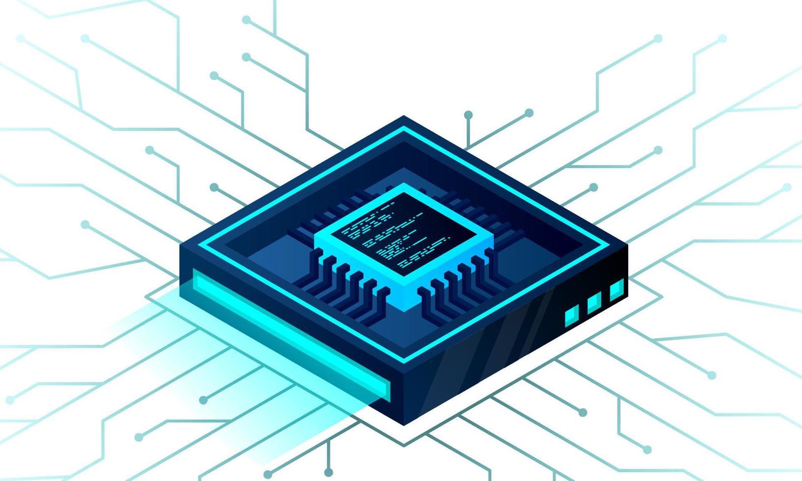 Isometric Artificial intelligence web banner. 3D isometric illustration of a processor chip. The process of data processing. Developments in modern technologies. Microcircuits on neon vector