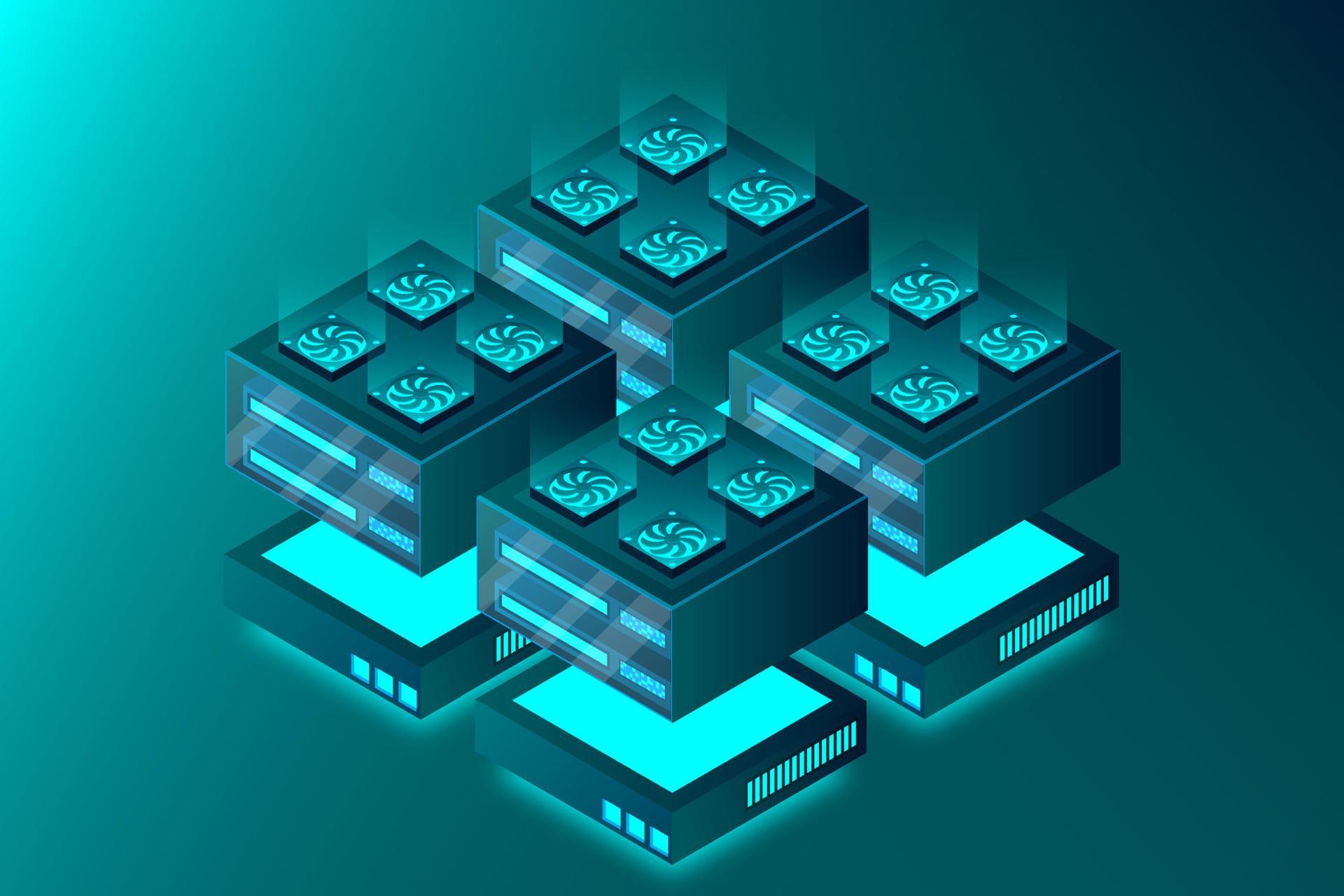 Concept of big data processing center, machine learning, cloud database