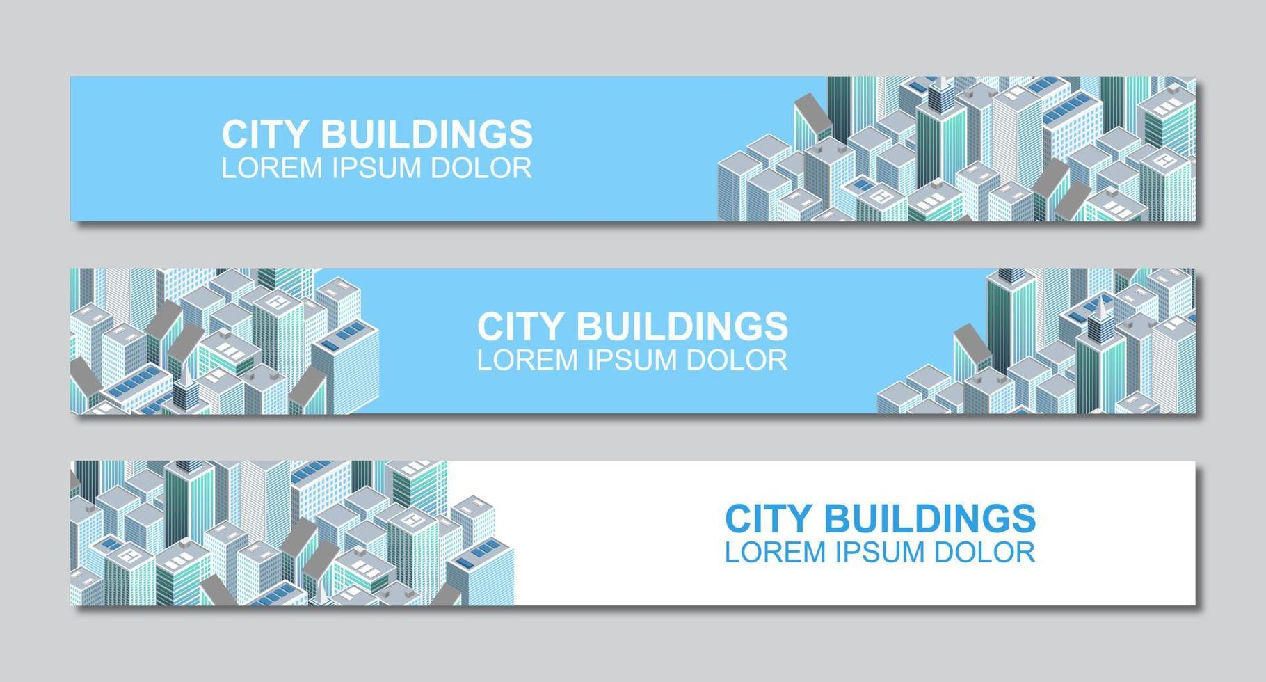 Template of isometric city buildings banner design with space for text. Modern third banner template design. Colorful thirds set template vector. Vector illustration