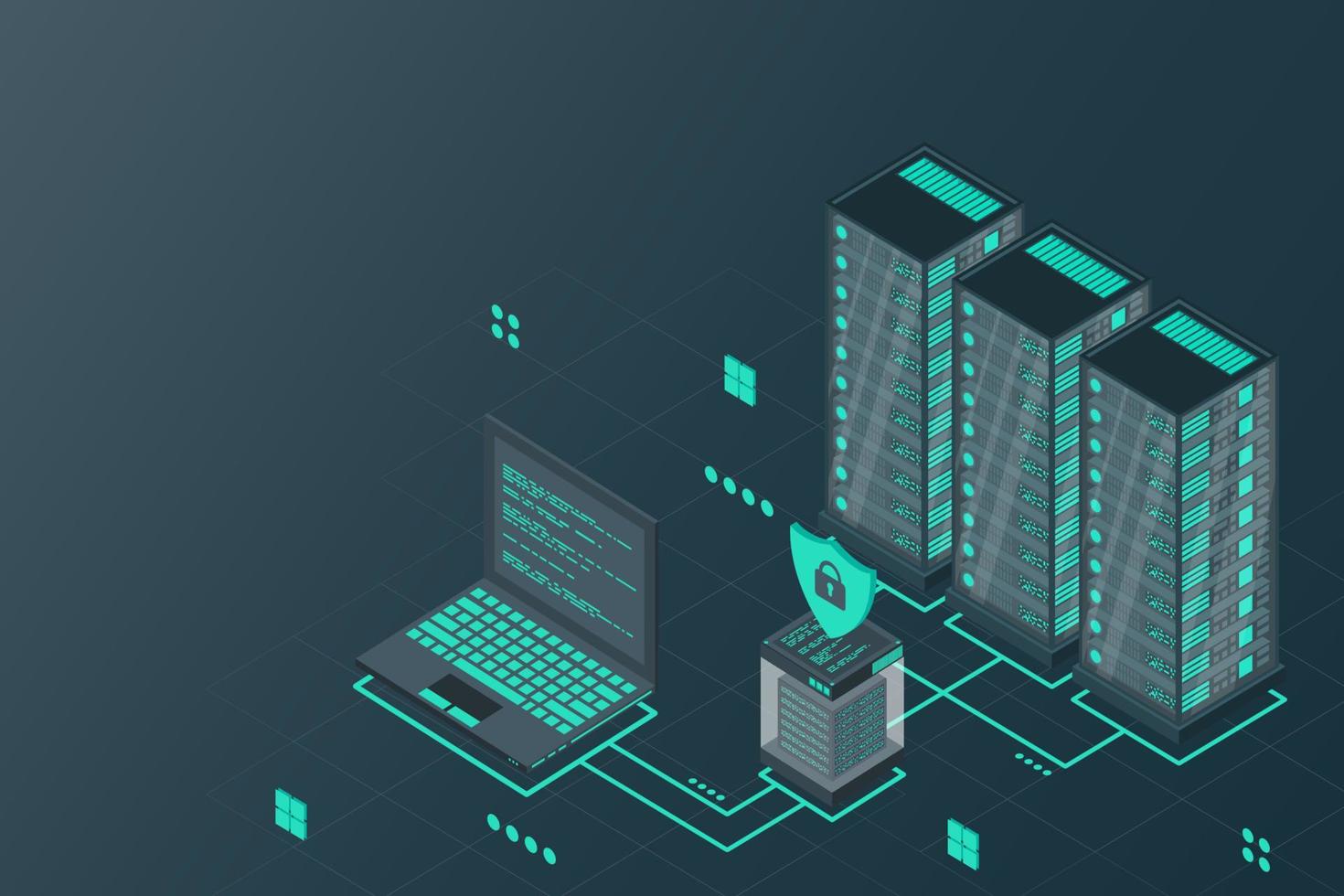 Cloud computing concept isometric vector illustration. Isometric cloud technology with datacenter. Server, desktop computer, laptop, smartphone, and folder connected to cloud service