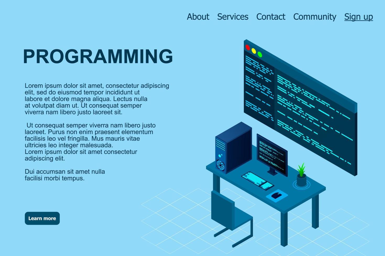 plantilla de página web de programación o desarrollo de software. ilustración vectorial con vista isométrica de computadora portátil y código de programa en pantalla. concepto de programación. ilustración vectorial vector