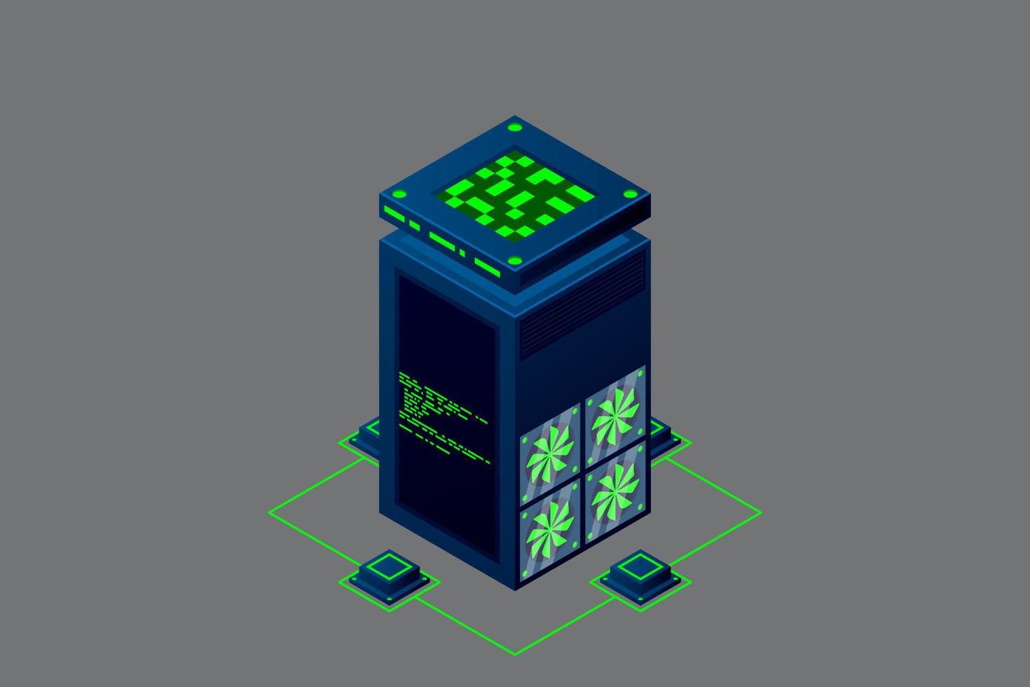 Data center with server racks isometric. Internet network equipment, smart technology, cloud database sign, computer technology vector illustration.