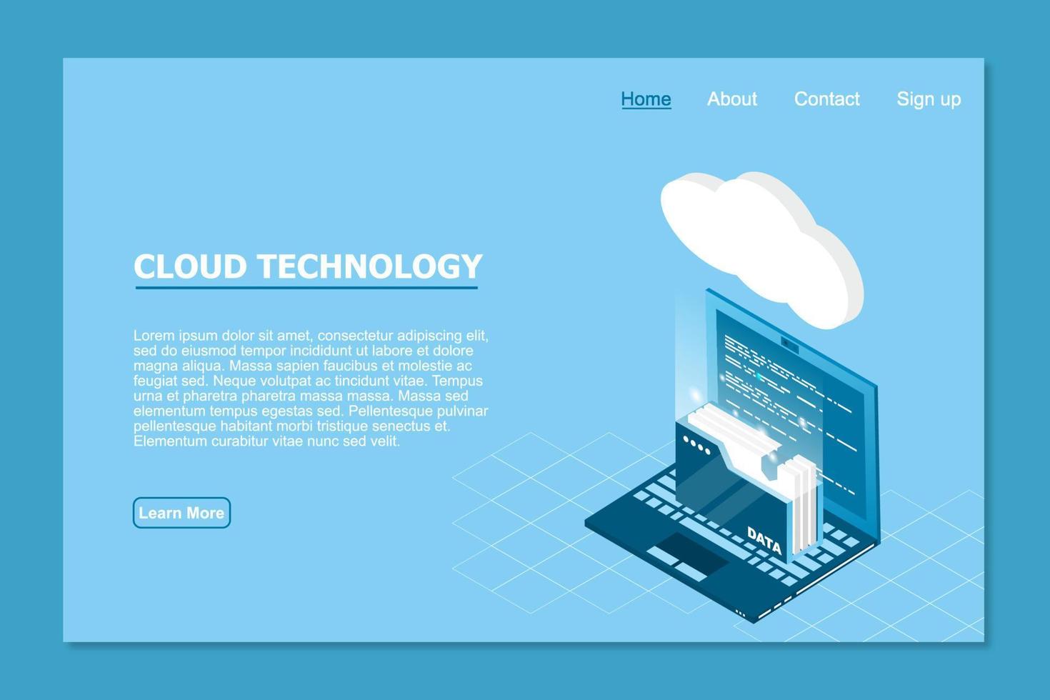 tecnología de nube isométrica con datos de carpeta y computadora portátil. concepto de computación de tecnología en la nube. ilustración vectorial vector