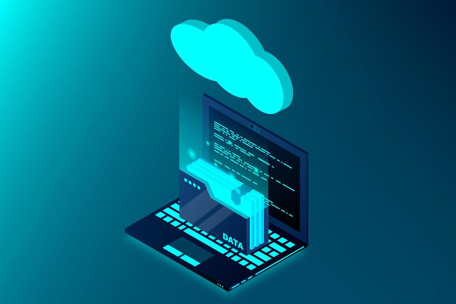 Isometric cloud technology with folder data and laptop. Cloud technology computing concept. Vector illustration