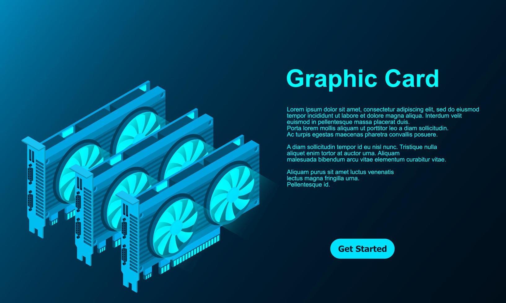 3d isometric video graphic card. Video Graphics Card for cryptocurrency mining or gaming. Personal computer hardware components. GPU Graphic card illustration vector