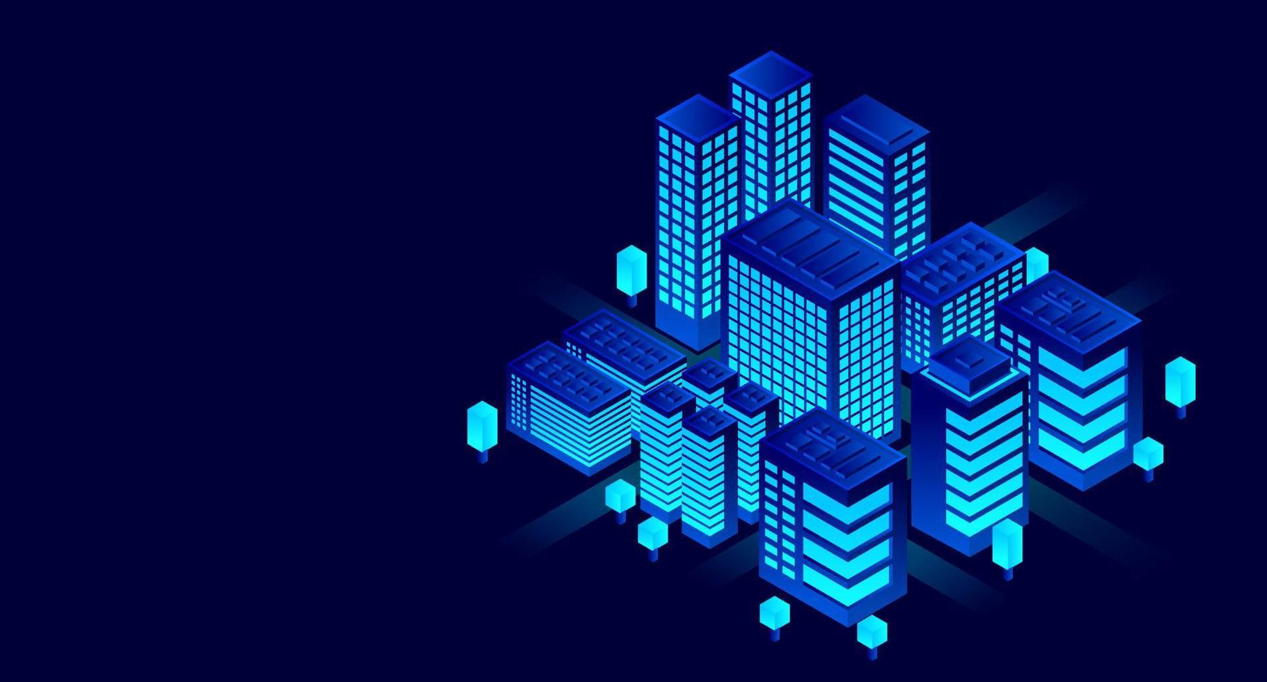 Smart city in a futuristic style. Isometric smart city illustration. Intelligent buildings. Business center with skyscrapers and intelligent buildings vector