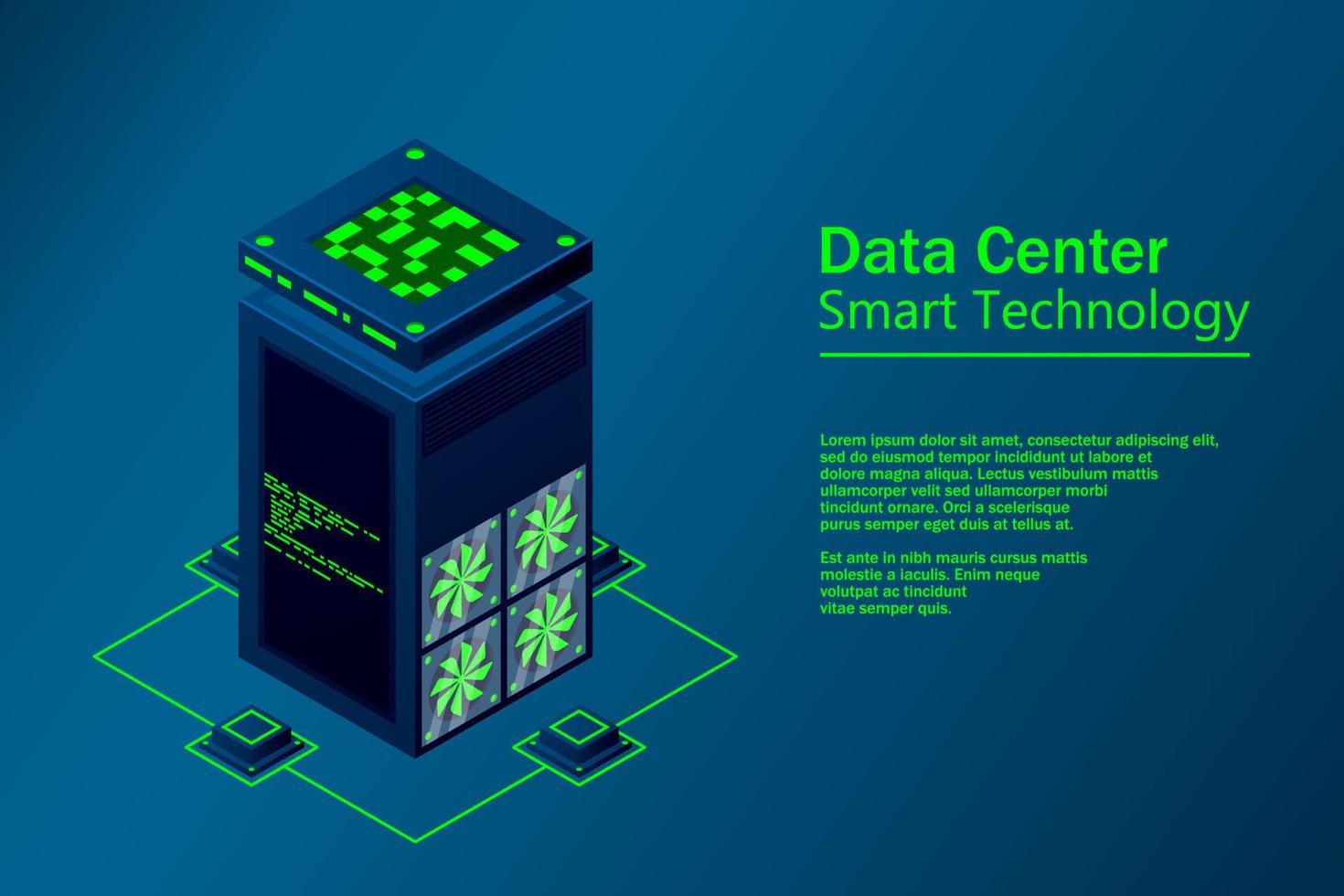 Data center with server racks isometric. Internet network equipment, smart technology, cloud database sign, computer technology vector illustration.