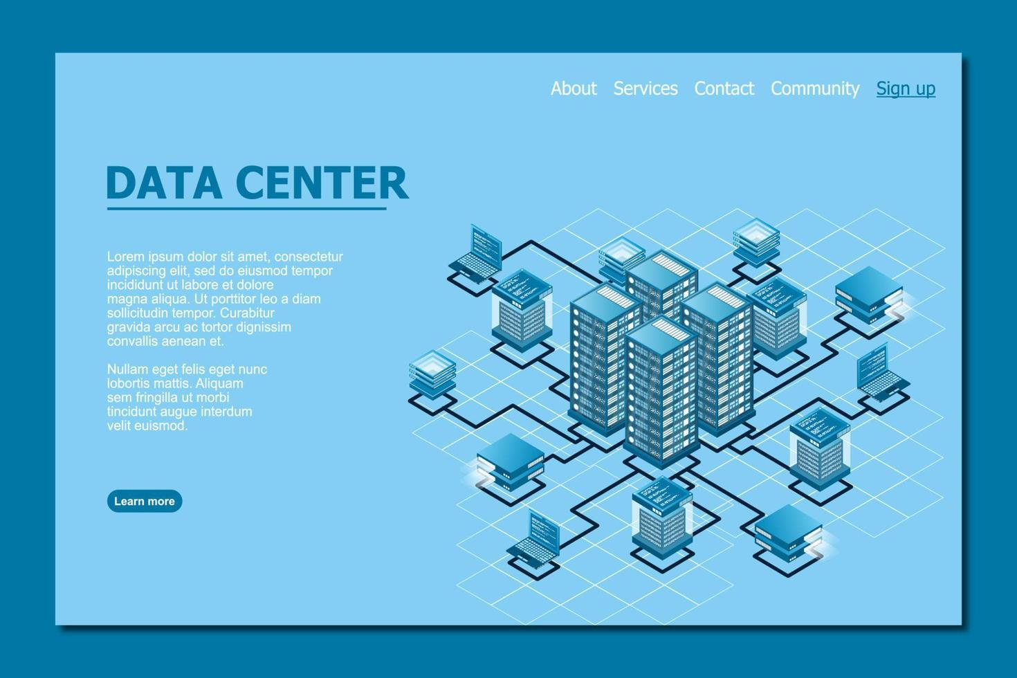 Concept of data network management . Vector isometric map with business networking servers computers and devices. Cloud storage data and synchronization of devices. Vector illustration