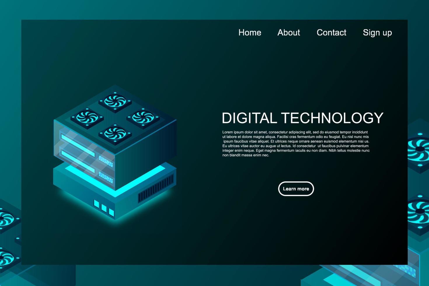 Concept of big data processing center, machine learning, cloud database, station of future, data mining, energy server. Digital technology, machine programming. Vector illustration.