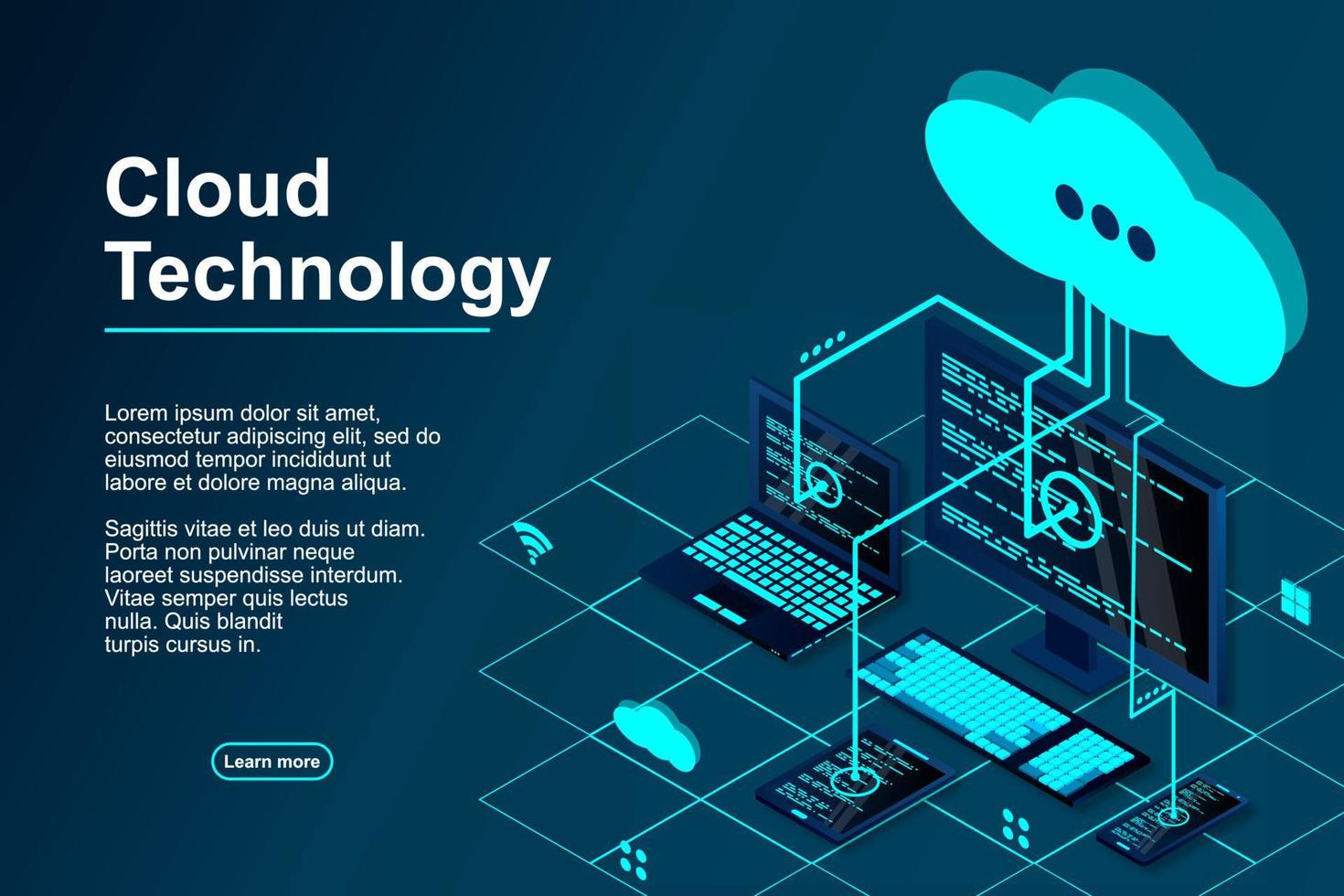 Vector 3d isometric illustration network with computer, laptop, tablet, and smartphone. Cloud storage 3d isometric technology concept. Isometric cloud technology with cloud. Modern cloud technologies.