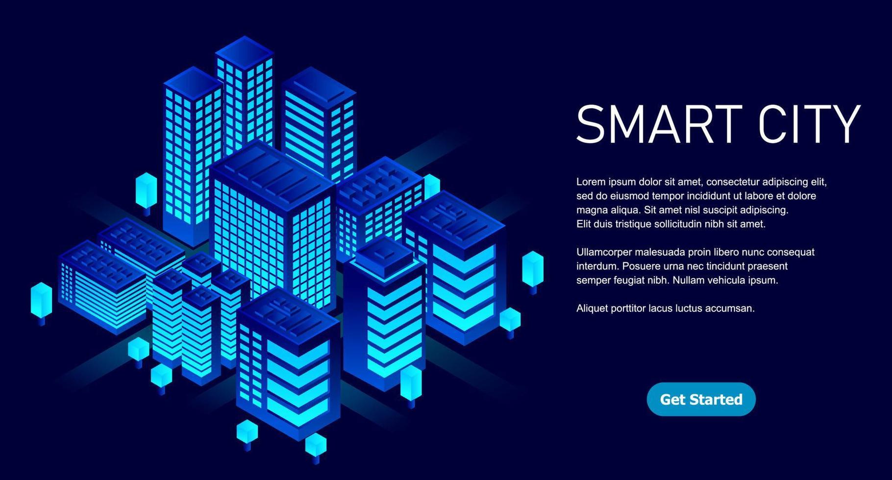 Smart city in a futuristic style. Isometric smart city illustration. Intelligent buildings. Business center with skyscrapers and intelligent buildings vector