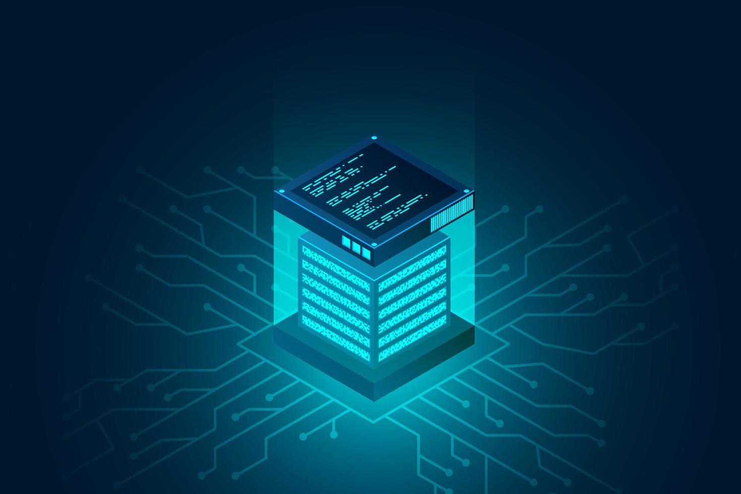 Datacenter isometric vector illustration. Data center room background. Computer storage or farming workstation. Vector illustration