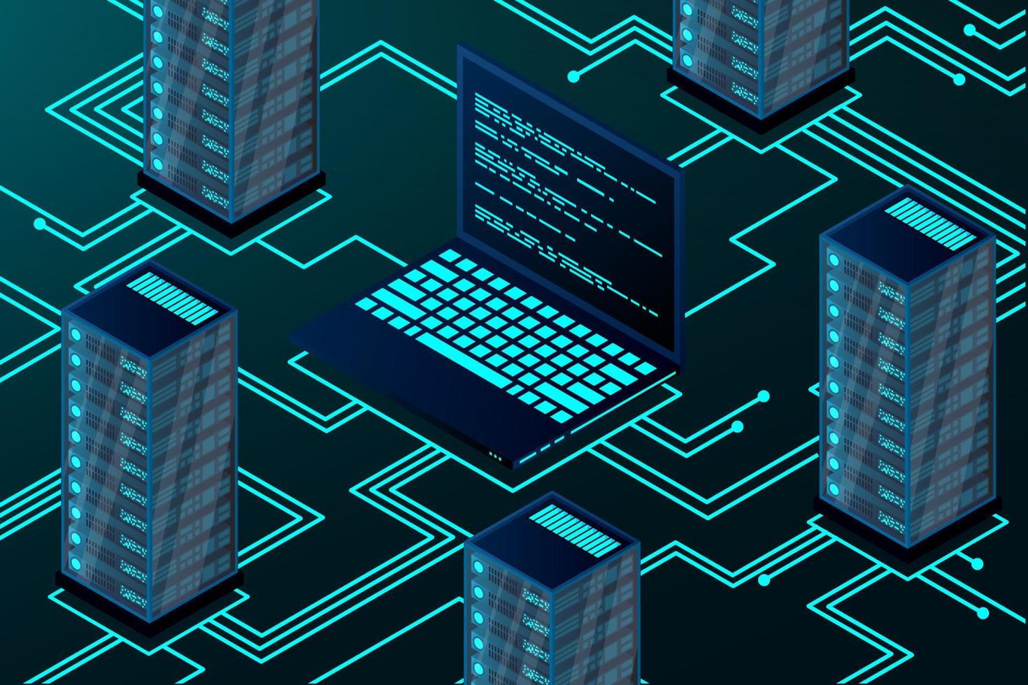 Isometric blockchain technology landing page. Cryptocurrency and blockchain isometric composition. Bitcoin trading. Global cryptocurrency blockchain data transfer concept. vector