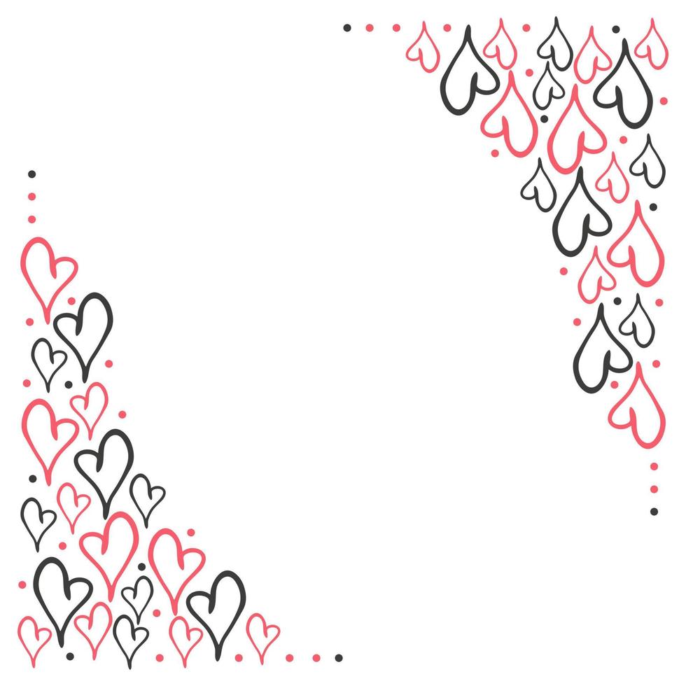 Vertical border with doodle black and red heart and place for text. Valentine day card on white background. Vector illustration