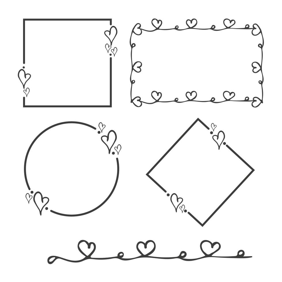 Hand drawn doodle set frame with hearts. Simple elements isolated on white background. Vector illustration