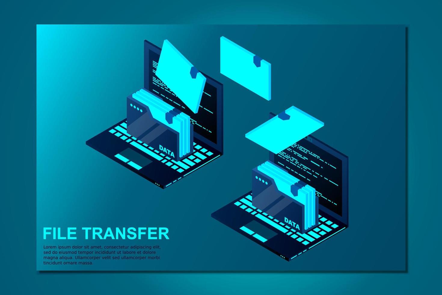 Isometric computer file transfer vector. Two Laptop computers with folders send and upload documents. Vector illustration.