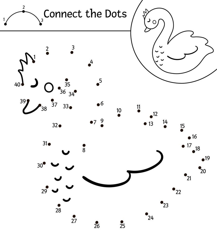 Vector Saint Valentine Day dot-to-dot and color activity with cute swan. Holiday connect the dots game for children with romantic bird. Funny coloring page for kids with adorable animal.