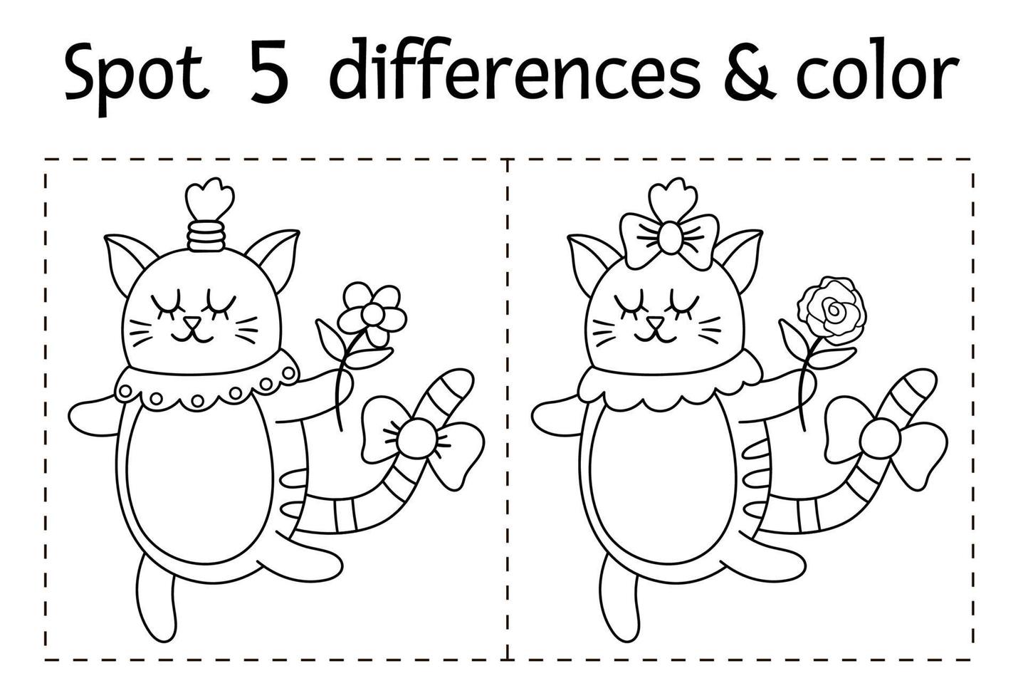 Saint Valentine day find differences game for children. Holiday black and white educational activity and coloring page with funny cat with flower. Printable worksheet with cute animal. vector