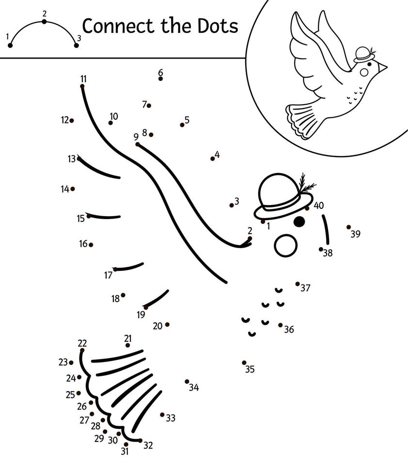 Vector Saint Valentine Day dot-to-dot and color activity with cute dove. Holiday connect the dots game for children with romantic bird. Funny coloring page for kids with adorable animal.