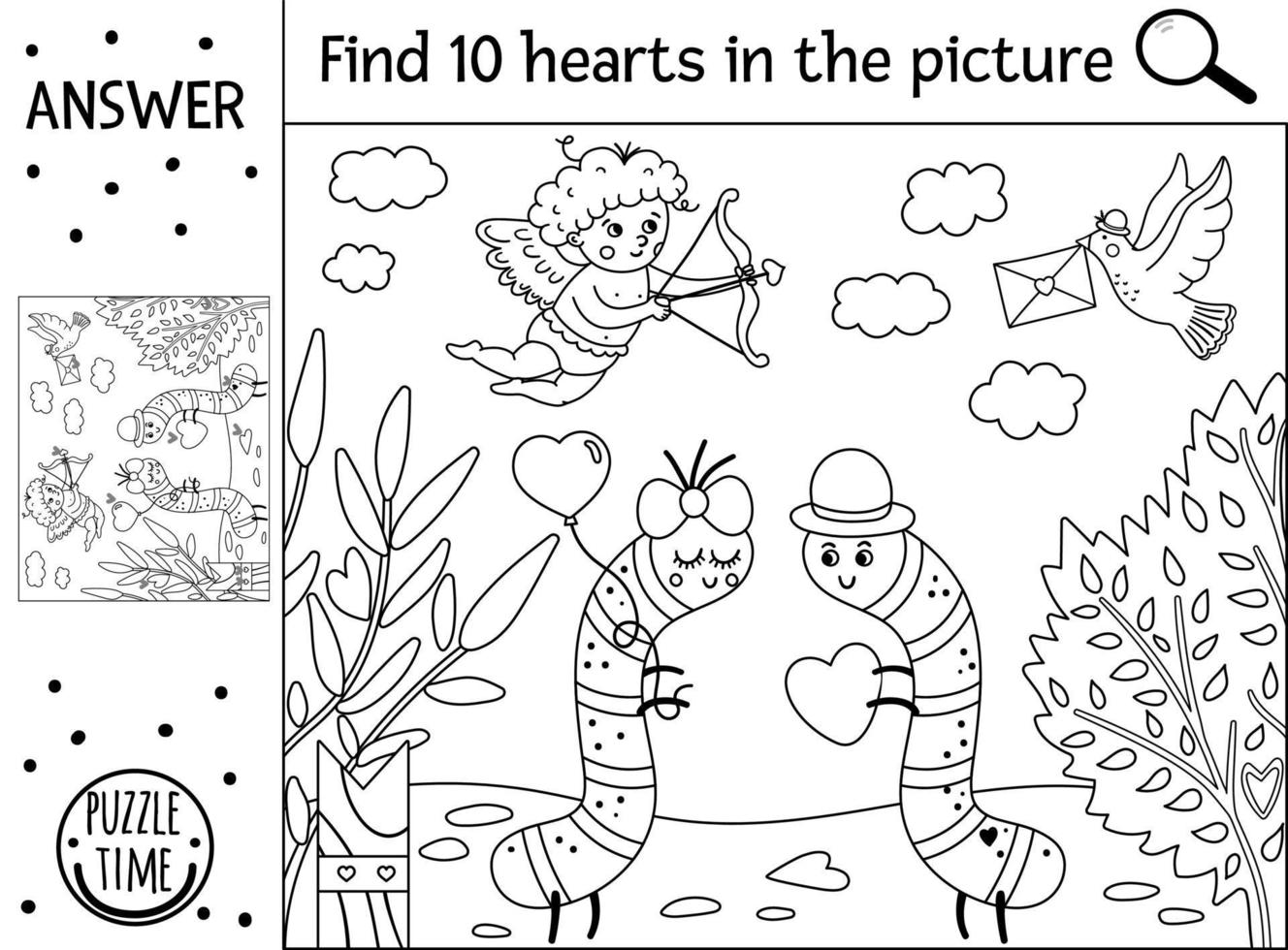 Vector Saint Valentine day black and white searching game with cute caterpillars in the garden. Find hidden hearts in the picture. Simple outline educational holiday printable activity for kids