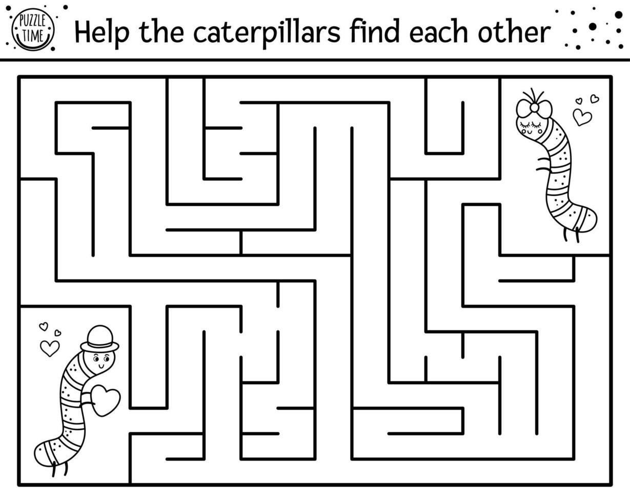 Saint Valentine day black and white maze for children. Holiday preschool printable activity. Funny line game with insects. Romantic puzzle or coloring page. Help the caterpillars find each other vector