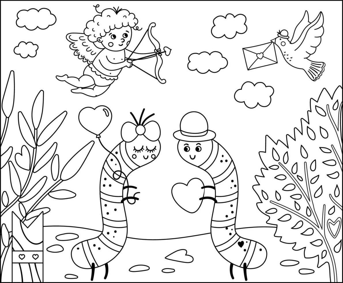 Vector Saint Valentine day black and white background with cute insects. Funny scene with two enamored caterpillars in the garden. Line illustration or coloring page for kids with love concept.