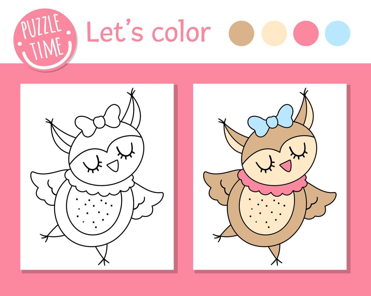 Saint Valentine Day coloring page for children. Funny owl. Vector holiday outline illustration with cute woodland bird. Color book with adorable animal for kids with colored example