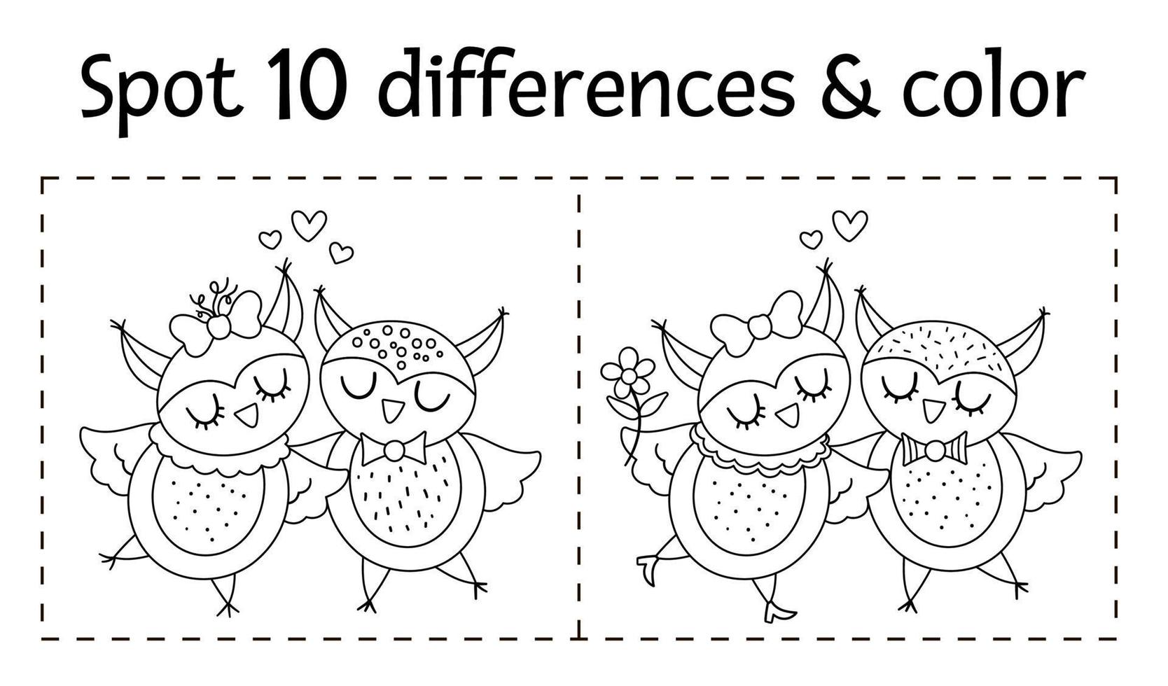 Saint Valentine day find differences game for children. Holiday black and white educational activity and coloring page with funny owl couple. Printable worksheet with cute birds pair. Family concept vector