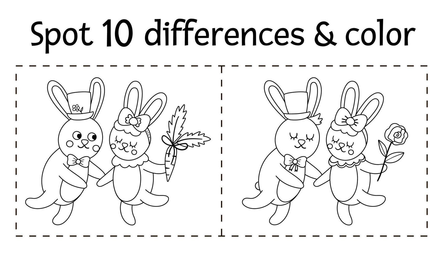 Saint Valentine day find differences game for children. Holiday black and white educational activity and coloring page with funny rabbit couple. Printable worksheet with cute animals pair vector