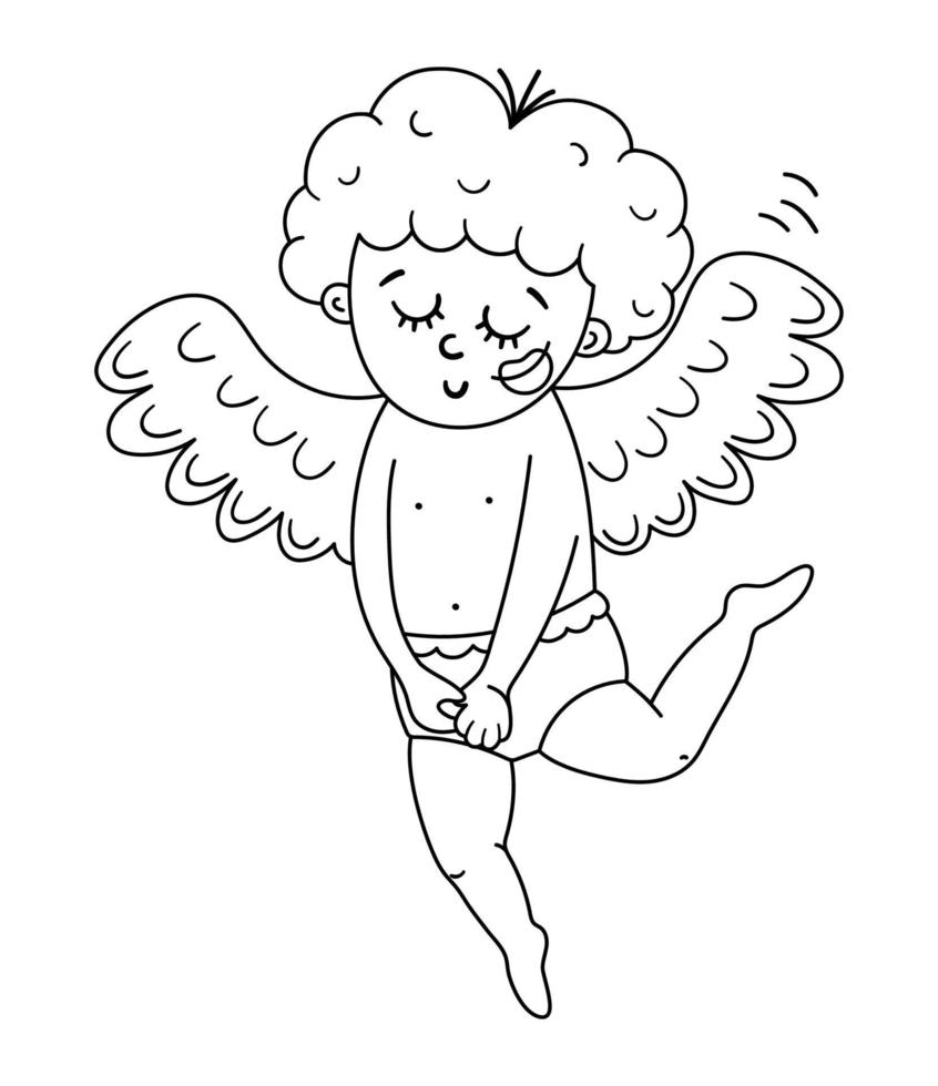 Vector black and white cupid with trace of kiss on his cheek. Funny Valentine day character. Happy love angel with spread wings. Playful cherub line icon isolated on white background.