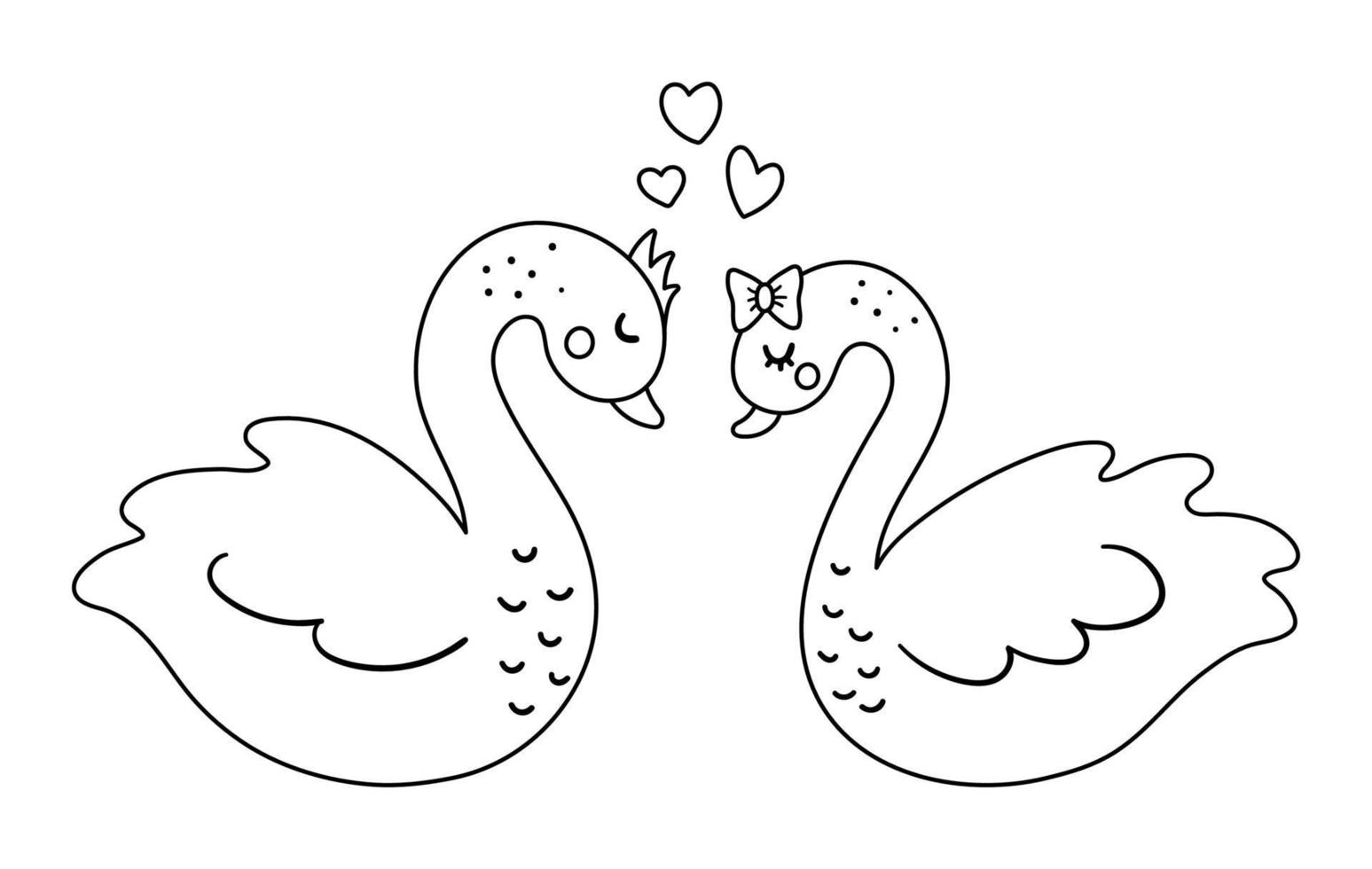 Vector cute black and white swans pair. Loving couple illustration. Love relationship or family concept. Romantic birds isolated on white background. Funny Valentine day line characters.