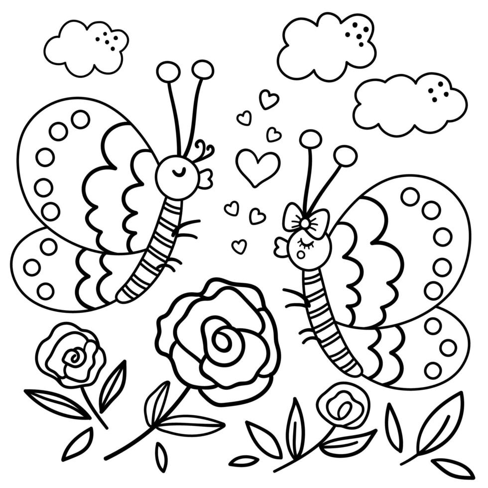 vector fondo blanco y negro del día de San Valentín con insectos lindos. escena divertida con dos mariposas enamoradas en el jardín. Ilustración divertida o página para colorear para niños con concepto de amor.
