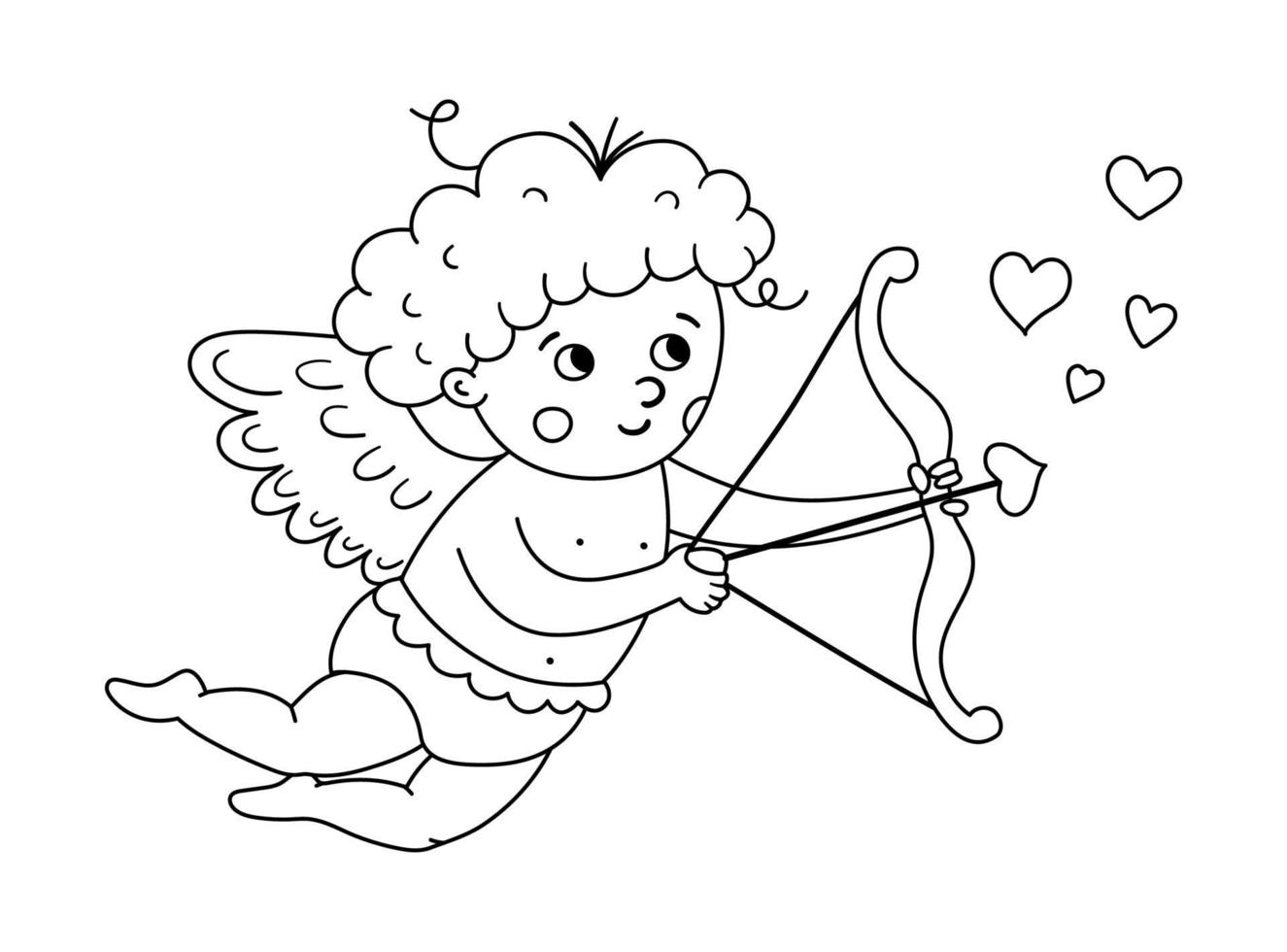 Vector black and white cupid shooting from bow with arrow. Funny Valentine day character. Flying love angel with spread wings. Playful cherub line icon isolated on white background.
