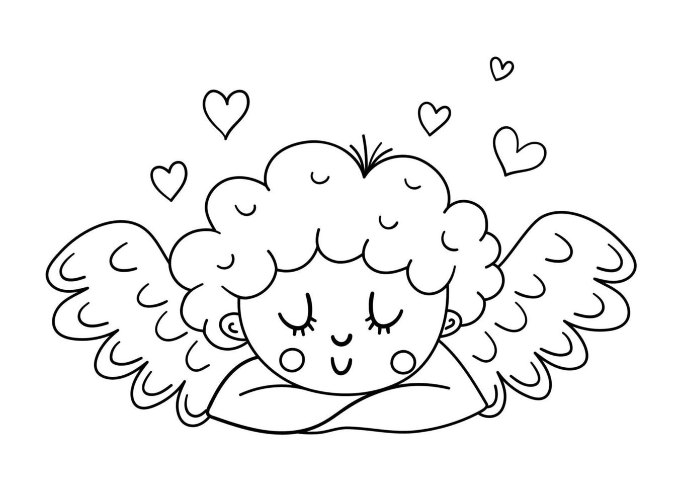 Vector black and white dreaming cupid with folded arms. Funny Valentine day character. Happy love angel with spread wings. Playful cherub line icon isolated on white background.