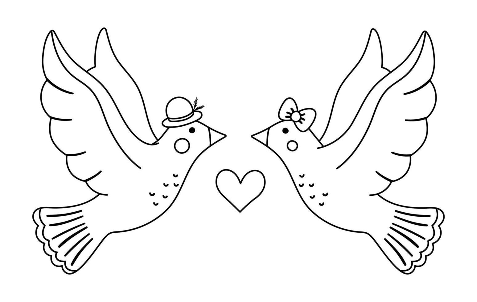 Vector cute black and white doves pair. Loving couple illustration. Love relationship or family concept. Romantic birds isolated on white background. Funny Valentine day line characters.