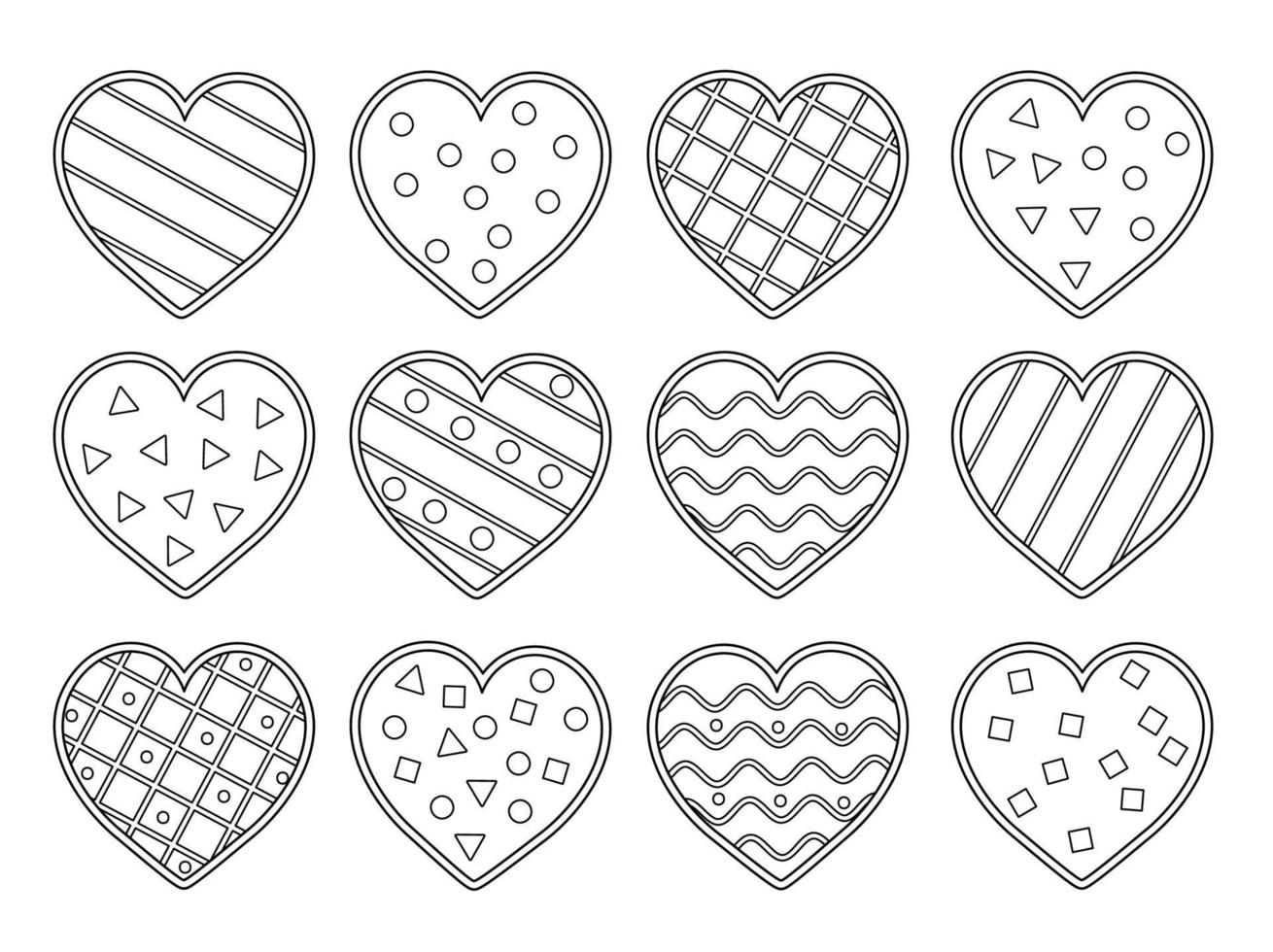 Vector set of cute black and white decorated hearts. Saint Valentine day symbols or coloring page collection. Playful February holiday love line icons isolated on white background