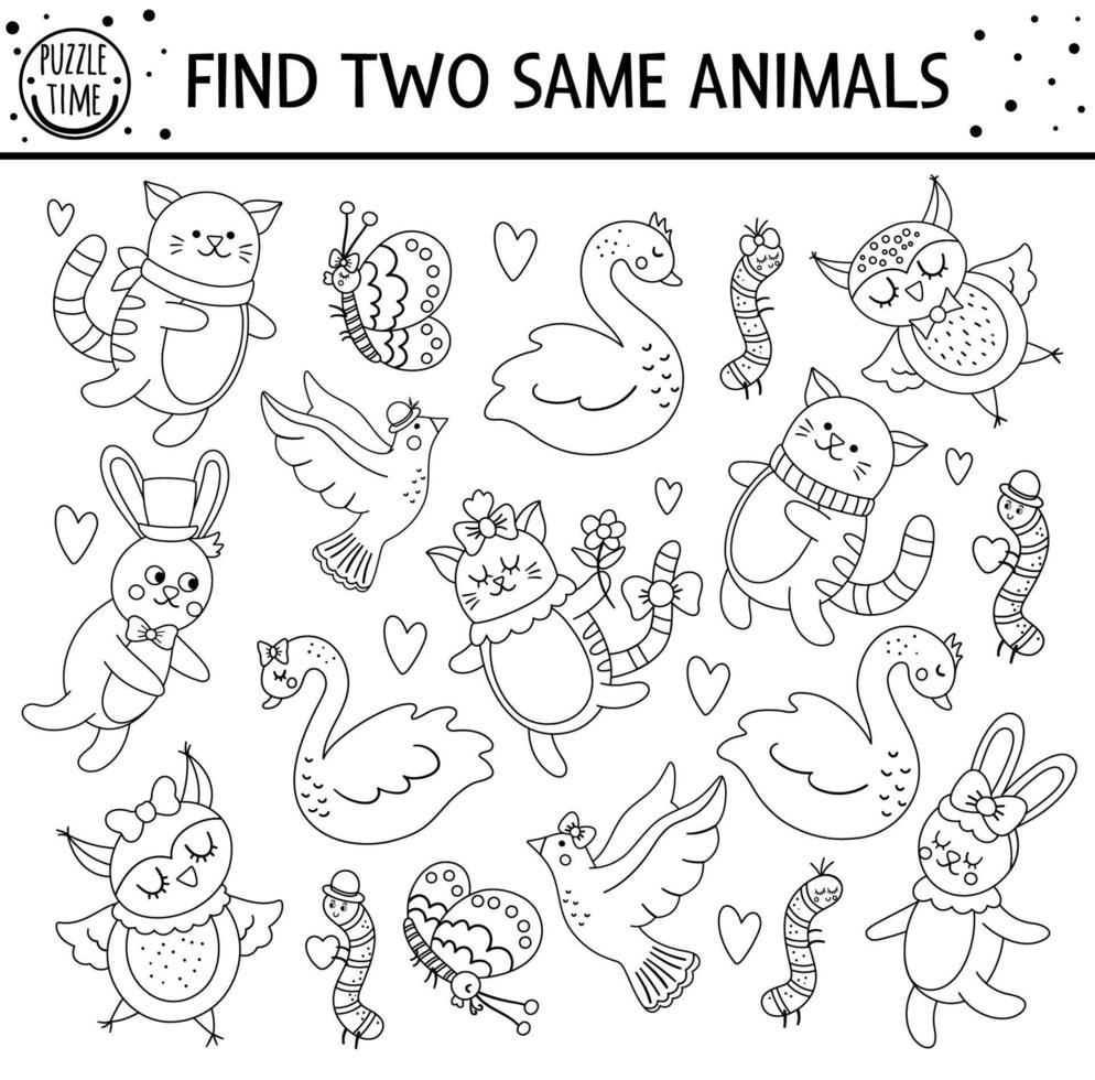 encontrar dos mismos animales. Actividad de emparejamiento de vacaciones en blanco y negro para niños. Divertida hoja de trabajo de prueba lógica educativa del día de San Valentín para niños. simple juego imprimible o página para colorear vector