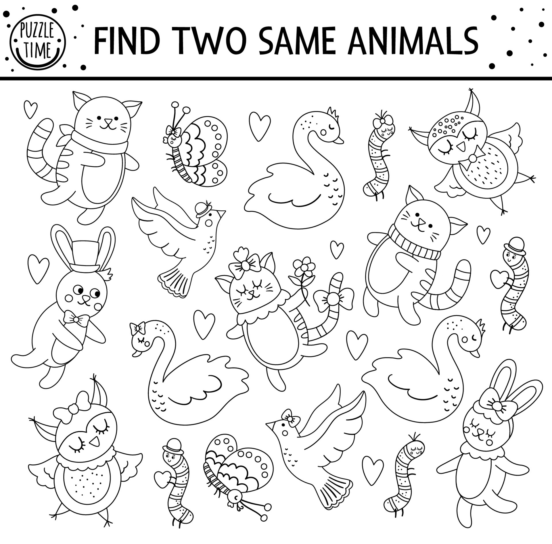 Find two same animals. Holiday black and white matching activity for  children. Funny educational Saint Valentine day logical quiz worksheet for  kids. Simple printable game or coloring page 4973749 Vector Art at