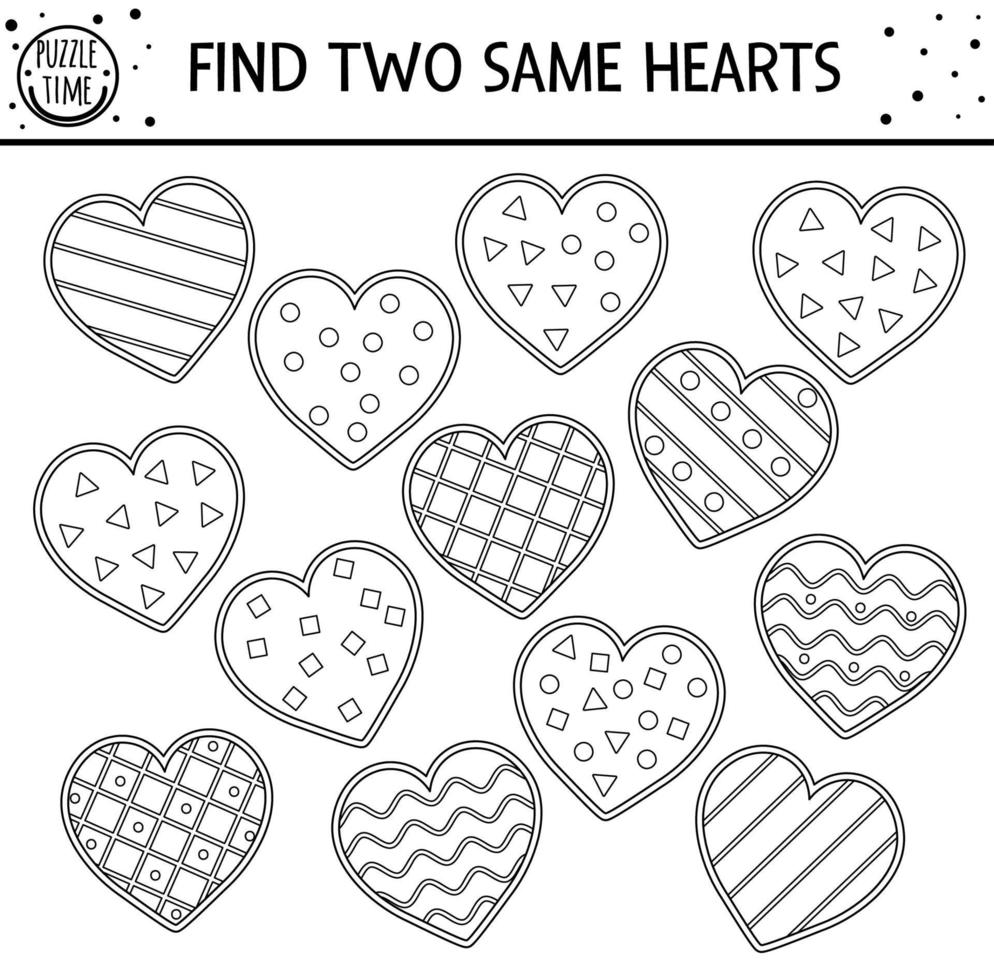 encontrar dos corazones iguales. Actividad de emparejamiento de vacaciones en blanco y negro para niños. Divertida hoja de trabajo de prueba lógica educativa del día de San Valentín para niños. simple juego imprimible o página para colorear vector